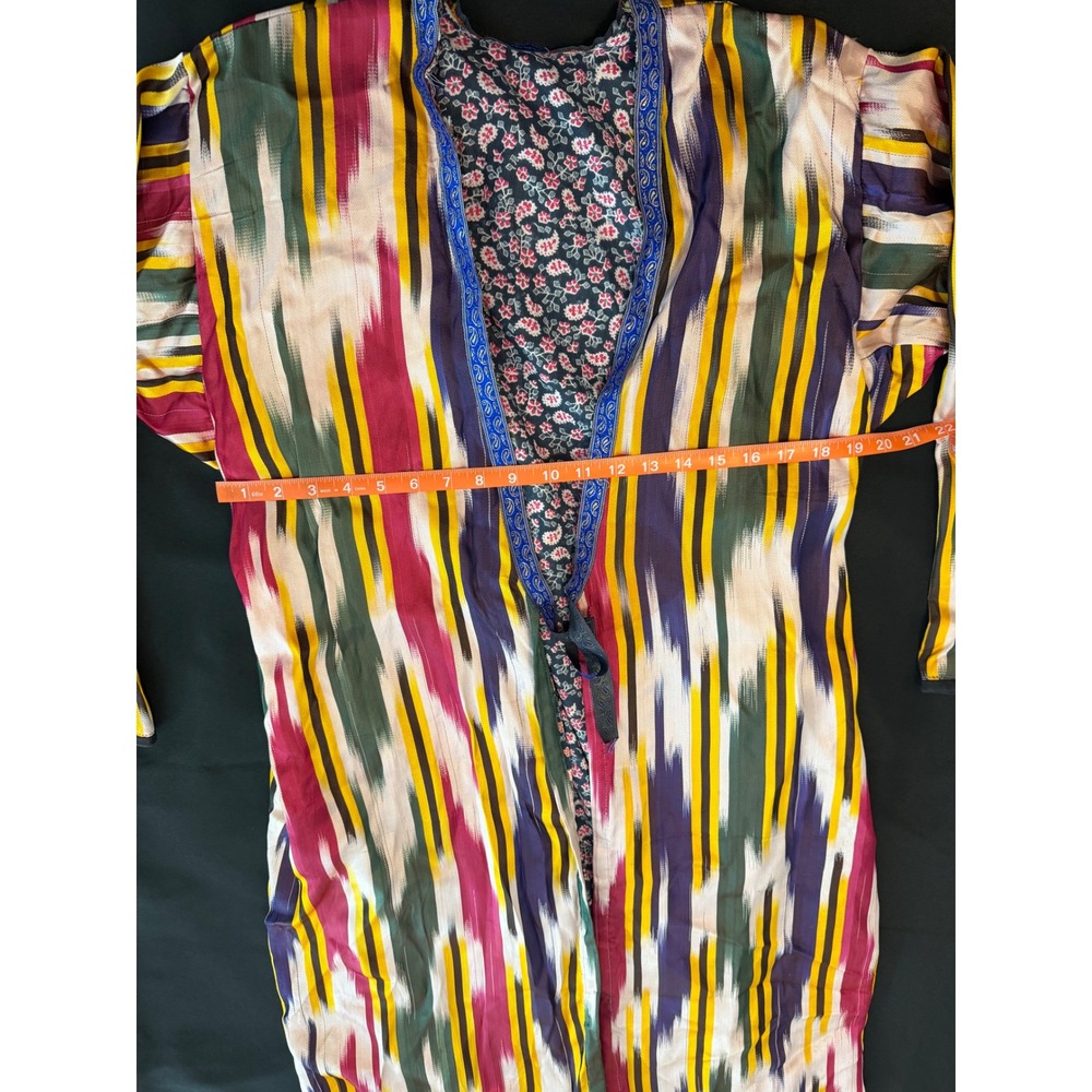 Vintage Style Ikat Print Duster Cardigan Multicolor Floral Lined Long Jacket - Picture 6 of 7